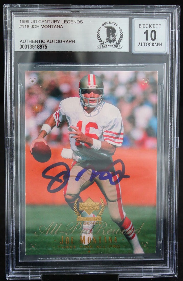 1999 UD Century Legends Joe Montana Autographed Card BGS 10 49ers: 1999 UD Century Legends Joe Montana Autographed Card BGS 10 49ers This 1999 UD Century Legends #118 sports trading card features the legendary Joe Montana, a prominent player for the San Francisco 49e