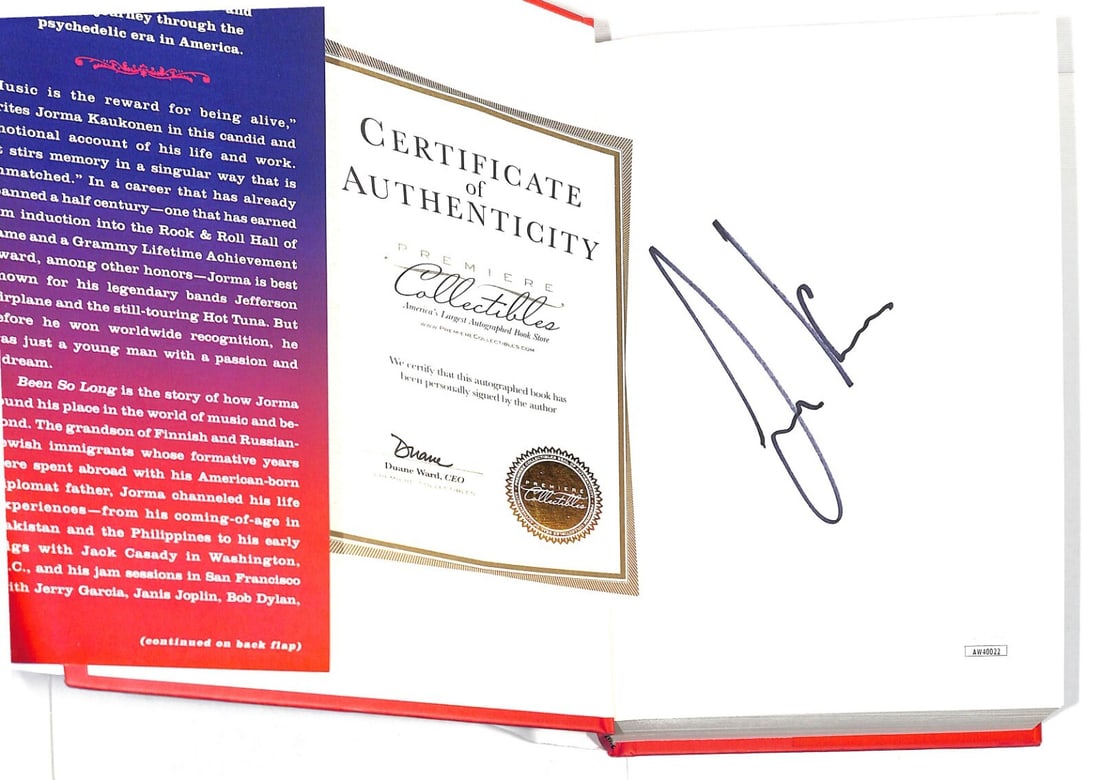 Jorma Kaukonen Autographed Been So Long Book JSA Certified: Jorma Kaukonen Autographed Been So Long Book JSA Certified This is an original copy of the book "Been So Long" by Jorma Kaukonen, a prominent figure from the band Jefferson Airplane. The book is signe