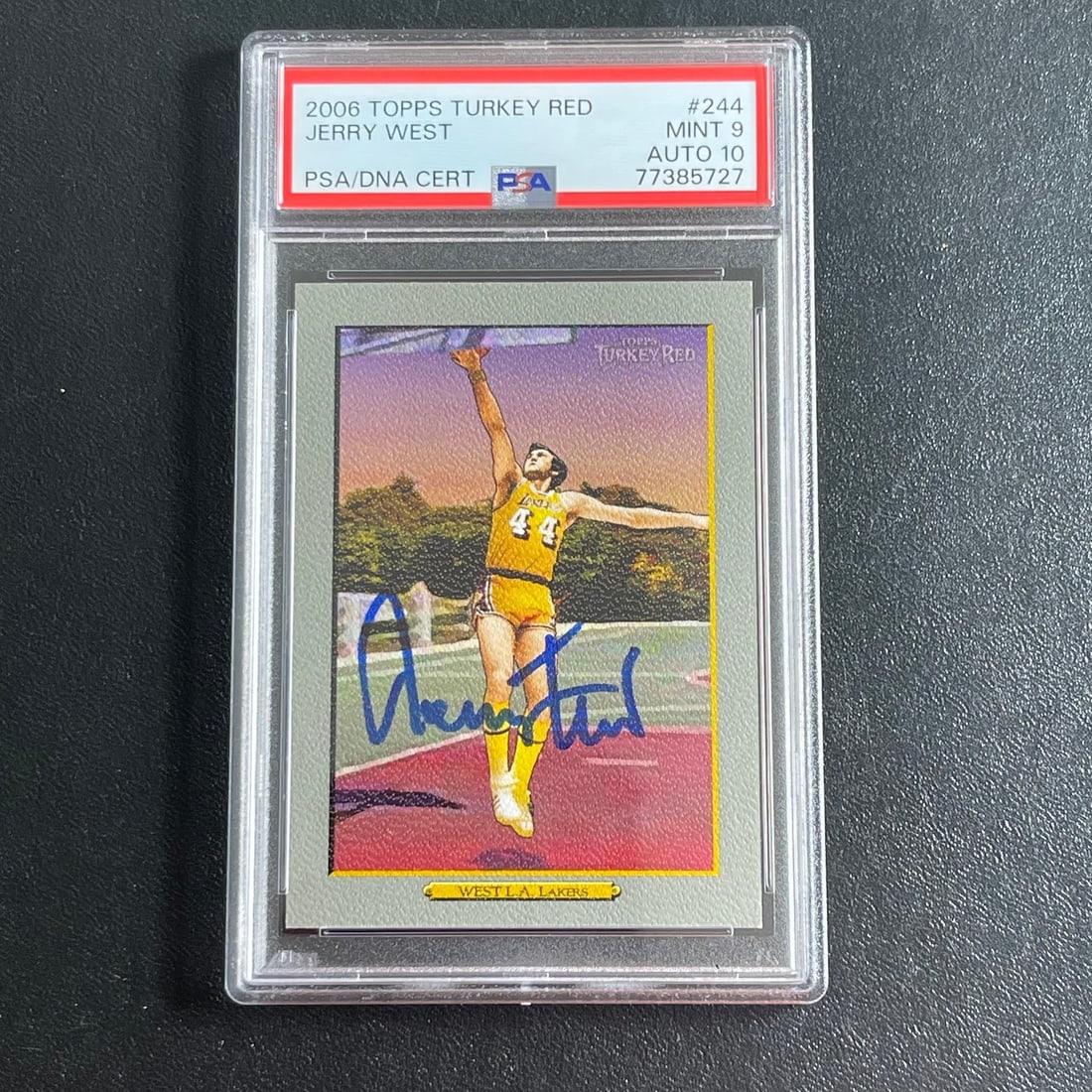2006 Topps Turkey Red #244 Jerry West Signed Card PSA 9 Auto 10: 2006 Topps Turkey Red #244 Jerry West Signed Card PSA 9 Auto 10 This listing features a 2006 Topps Turkey Red #244 card signed by basketball legend Jerry West. The card has been professionally graded 