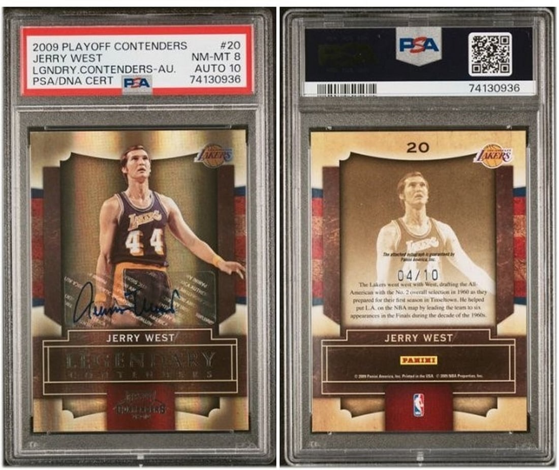 Jerry West 2009 Playoff Contenders Auto PSA 8 4/10 Los Angeles Lakers: Jerry West 2009 Playoff Contenders Auto PSA 8 4/10 Los Angeles Lakers This is a Jerry West 2009 Playoff Contenders Legendary Contenders card, featuring a stunning autograph. Graded by PSA as an 8, thi