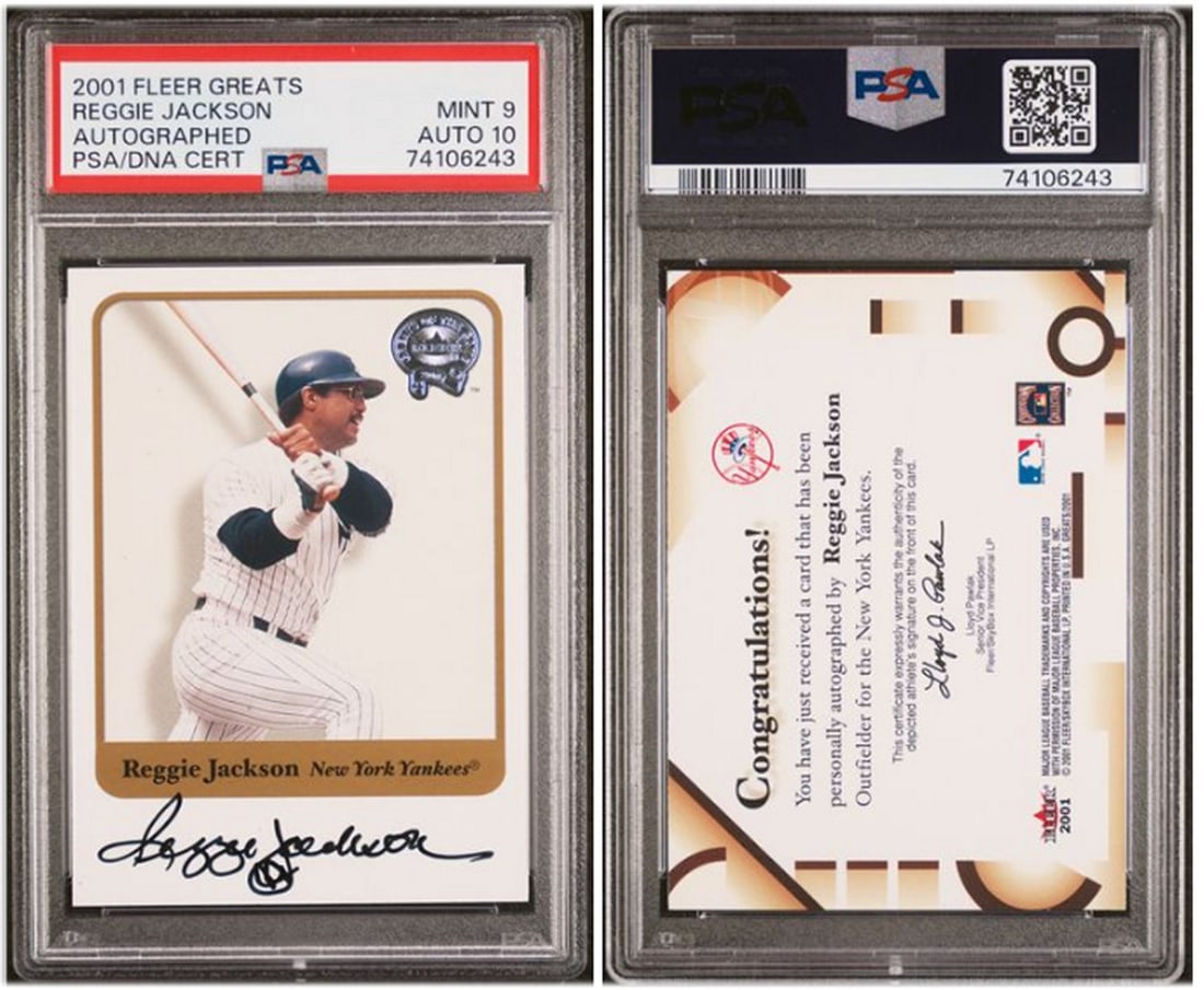 Reggie Jackson 2001 Fleer Greats Autograph PSA 9 10 New York Yankees: Reggie Jackson 2001 Fleer Greats Autograph PSA 9 10 New York Yankees This 2001 Fleer Greats card features an autograph from baseball legend Reggie Jackson, known for his remarkable career with the New