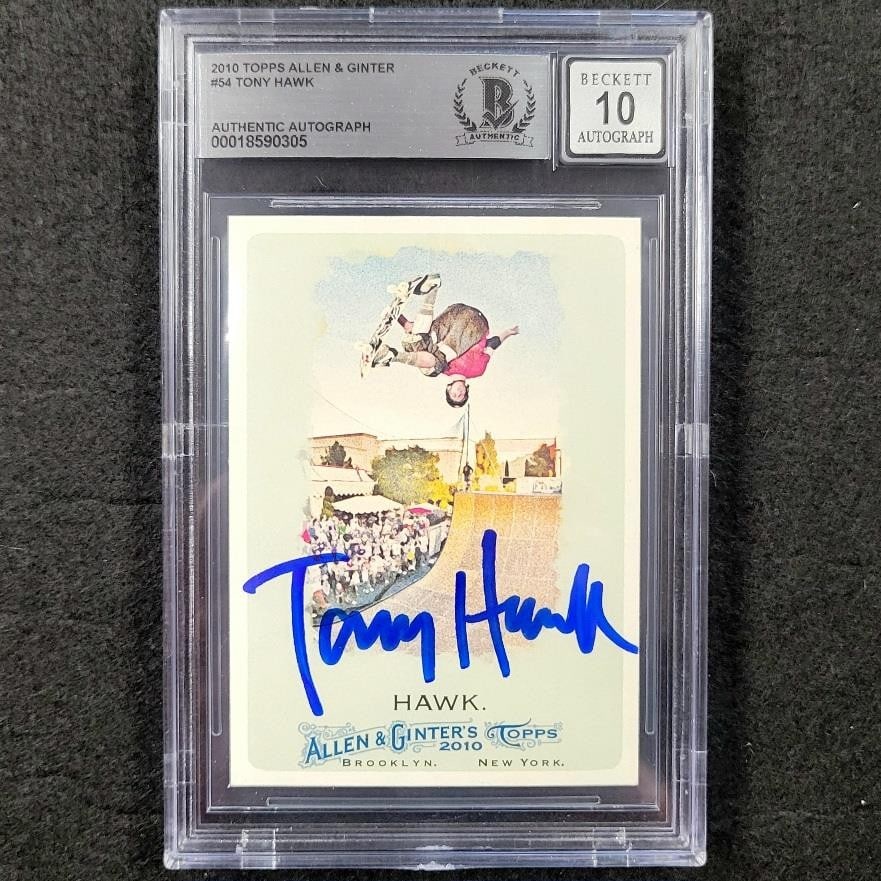 2010 Topps Allen & Ginter Tony Hawk Autographed Card Beckett BAS 10: 2010 Topps Allen & Ginter Tony Hawk Autographed Card Beckett BAS 10 This 2010 Topps Allen & Ginter trading card features an authentic hard signed autograph of the legendary skateboarder Tony Hawk. Gra