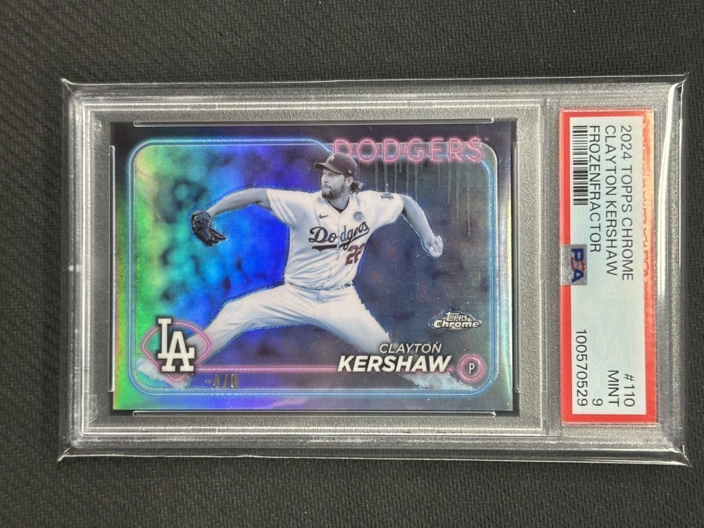 Clayton Kershaw 2024 Topps Chrome Frozenfractor PSA 9 #110 Dodgers Card: Clayton Kershaw 2024 Topps Chrome Frozenfractor PSA 9 #110 Dodgers Card This 2024 Topps Chrome Frozenfractor baseball card features the renowned player Clayton Kershaw, showcasing his affiliation with
