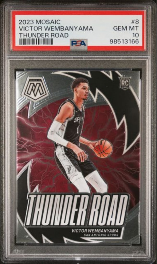 2023 Mosaic Victor Wembanyama #8 RC Basketball Card PSA 10: 2023 Mosaic Victor Wembanyama #8 RC Basketball Card PSA 10 This is a graded 2023 Mosaic basketball card featuring Victor Wembanyama, wearing the #8 jersey for the San Antonio Spurs. The card is certif