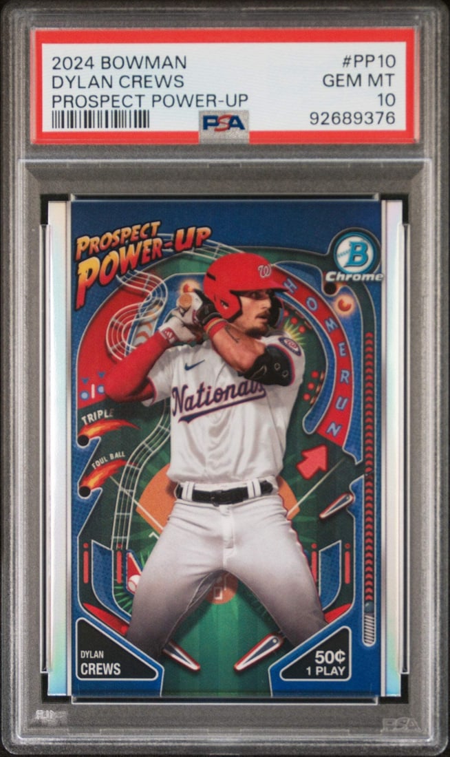 2024 Bowman Dylan Crews #PP10 PSA 10 Graded Baseball Card: 2024 Bowman Dylan Crews #PP10 PSA 10 Graded Baseball Card This graded 2024 Bowman Dylan Crews #PP10 Prospect Power Up RC Baseball Card is a must-have for any serious collector. It features Dylan Crews
