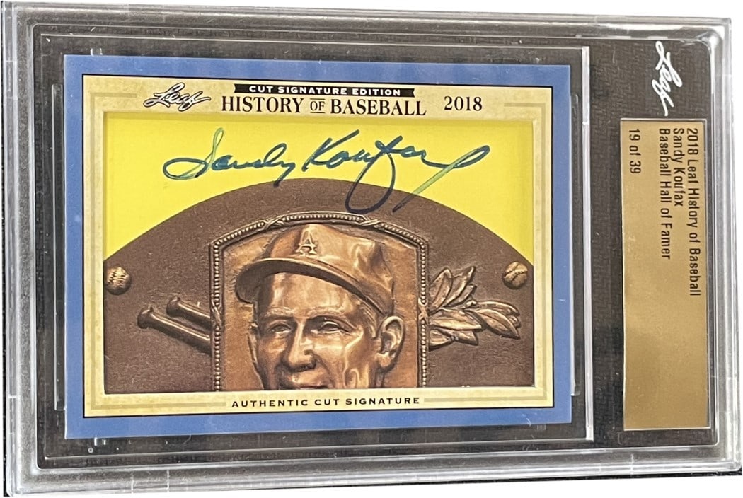 Sandy Koufax 2018 Leaf Baseball Cut Signature 19/39 BGS: Sandy Koufax 2018 Leaf Baseball Cut Signature 19/39 BGS This 2018 Leaf History of Baseball Cut Signature Edition baseball card features the legendary Sandy Koufax, a prominent player for the Los Angel