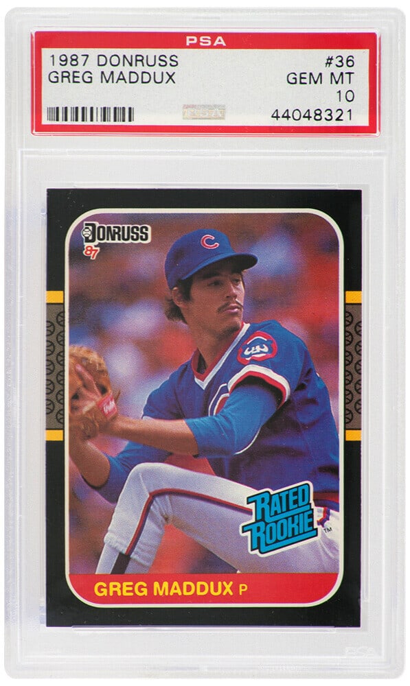 Greg Maddux 1987 Donruss Rookie Card PSA 10 Gem Mint: Greg Maddux 1987 Donruss Rookie Card PSA 10 Gem Mint This listing features a Greg Maddux 1987 Donruss Baseball #36 Rated Rookie Card, encapsulated and graded Gem Mint 10 by Professional Sports Authent