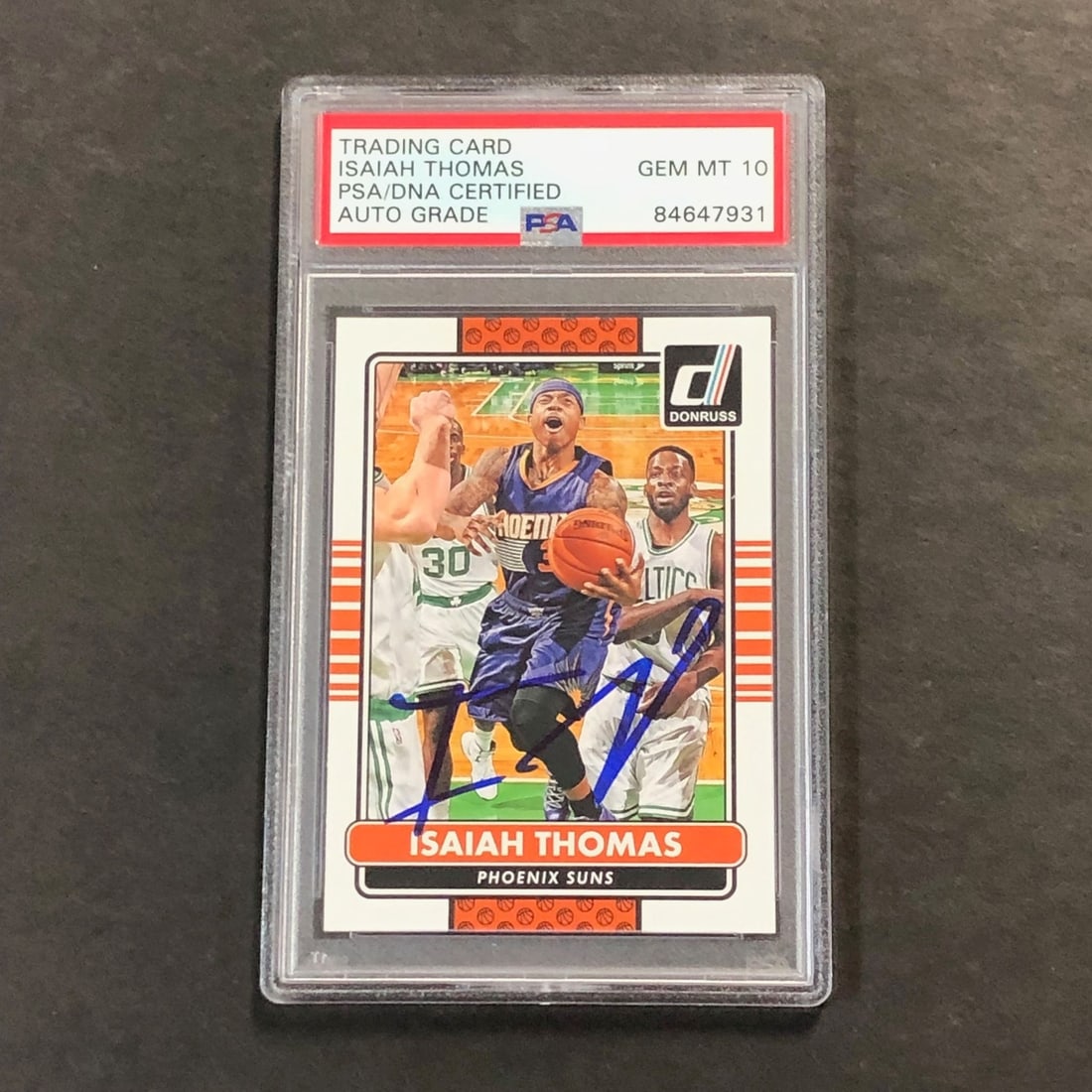 2014-15 Panini Donruss #84 Isaiah Thomas Signed Card PSA 10: 2014-15 Panini Donruss #84 Isaiah Thomas Signed Card PSA 10 This listing features a 2014-15 Panini Donruss #84 basketball card signed by Isaiah Thomas, a notable player for the Phoenix Suns. The autog