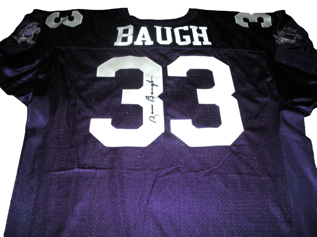 Sammy Baugh TCU Horned Frogs Signed Reebok Jersey with JSA/COA: Sammy Baugh TCU Horned Frogs Signed Reebok Jersey with JSA/COA This is an officially licensed Reebok jersey, signed by legendary football player Sammy Baugh, representing the TCU Horned Frogs. This pr