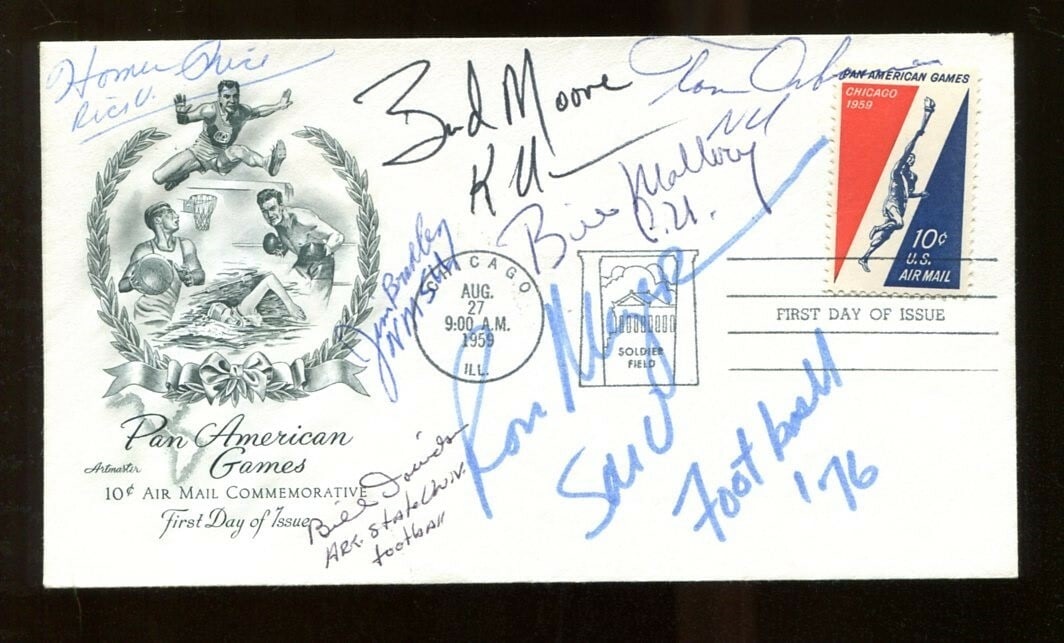 Signed Vintage College Football Coaches FDC with 7 Authentic Sigs: Signed Vintage College Football Coaches FDC with 7 Authentic Sigs This vintage First Day Cover (FDC) features autographs from seven notable college football coaches, including the legendary Tom Osborn