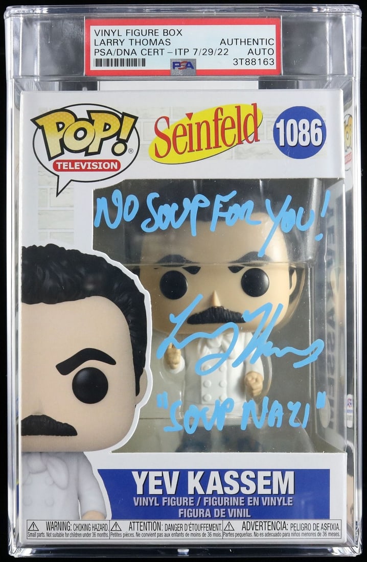 Larry Thomas Signed Yev Kassem Funko Pop with PSA/DNA Authentication: Larry Thomas Signed Yev Kassem Funko Pop with PSA/DNA Authentication This collectible Funko Pop features Yev Kassem, famously portrayed by Larry Thomas in the iconic television series Seinfeld. The fi