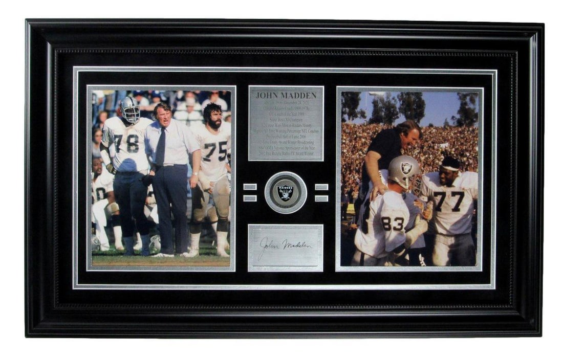 John Madden Oakland Raiders Framed 8x10 Photo with Laser Signature: John Madden Oakland Raiders Framed 8x10 Photo with Laser Signature This stunning framed photo features John Madden, a Hall of Fame coach of the Oakland Raiders, capturing his legacy in professional fo