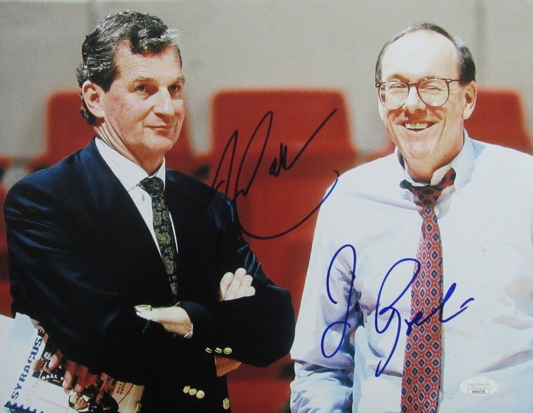 Jim Calhoun Jim Boeheim Dual Signed 11x14 Photo JSA Authenticated: Jim Calhoun Jim Boeheim Dual Signed 11x14 Photo JSA Authenticated This remarkable item features a dual-autographed 11x14 photo of legendary basketball coaches Jim Calhoun of UCONN and Jim Boeheim of S