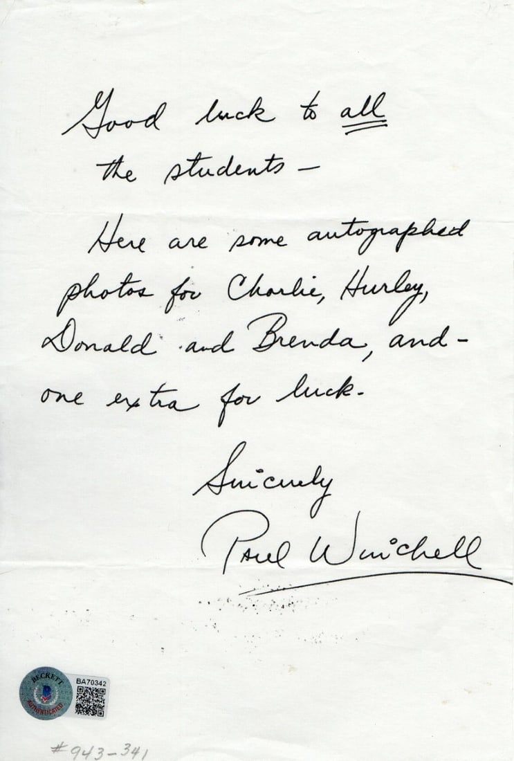 Paul Winchell Signed Personal Letter Autographed BAS Certified: Paul Winchell Signed Personal Letter Autographed BAS Certified This item is a personal letter signed by Paul Winchell, the renowned actor and ventriloquist. The letter is authenticated by Beckett Auth