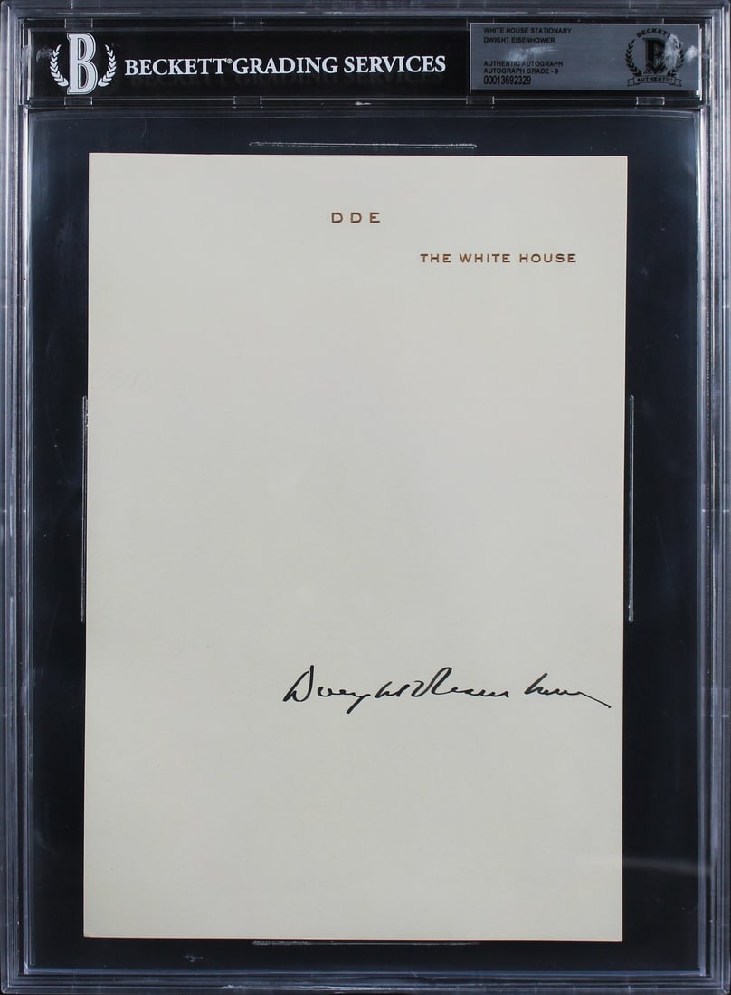 Dwight D. Eisenhower Signed White House Stationery Page Mint 9 Beckett Authenticated: Dwight D. Eisenhower Signed White House Stationery Page Mint 9 Beckett Authenticated This impressive 7x10.25 page of White House stationery has been personally signed by former U.S. President Dwight D