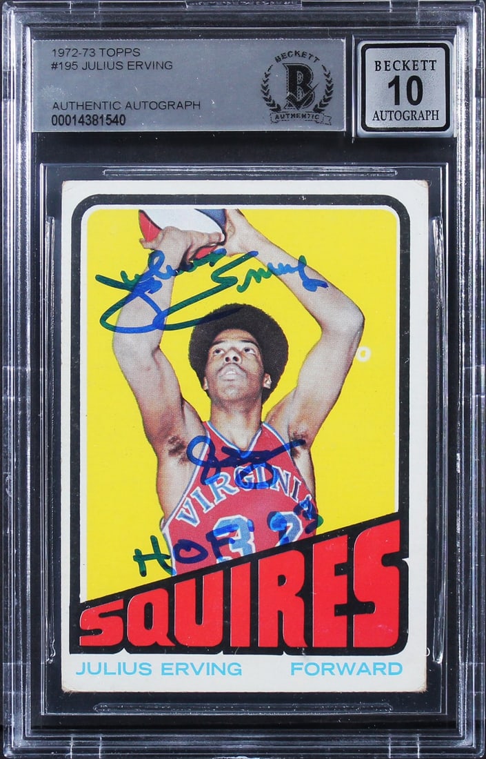 Julius Erving 1972 Topps Rookie Card HOF 93 Signed Gem Mint 10 Beckett: Julius Erving 1972 Topps Rookie Card HOF 93 Signed Gem Mint 10 Beckett This is a 1972 Topps #195 rookie card of basketball legend Julius Erving, personally signed with the inscription "HOF 93." Graded