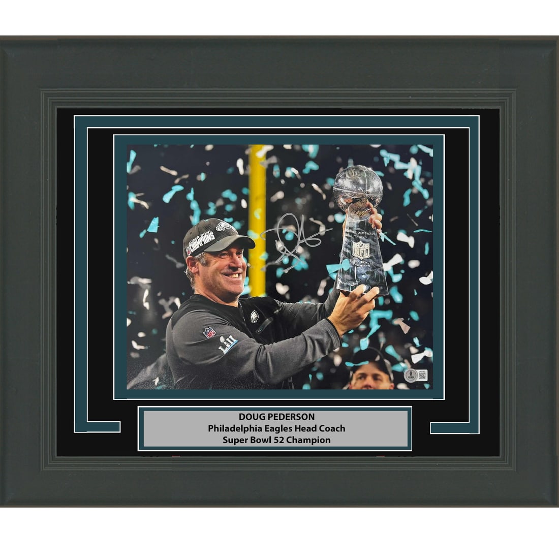 Framed Doug Pederson Autographed Super Bowl 52 11x14 Photo BAS COA Eagles: Framed Doug Pederson Autographed Super Bowl 52 11x14 Photo BAS COA Eagles This is a framed 11x14 photo of Doug Pederson, the head coach of the Philadelphia Eagles, signed by him. The authenticity of t