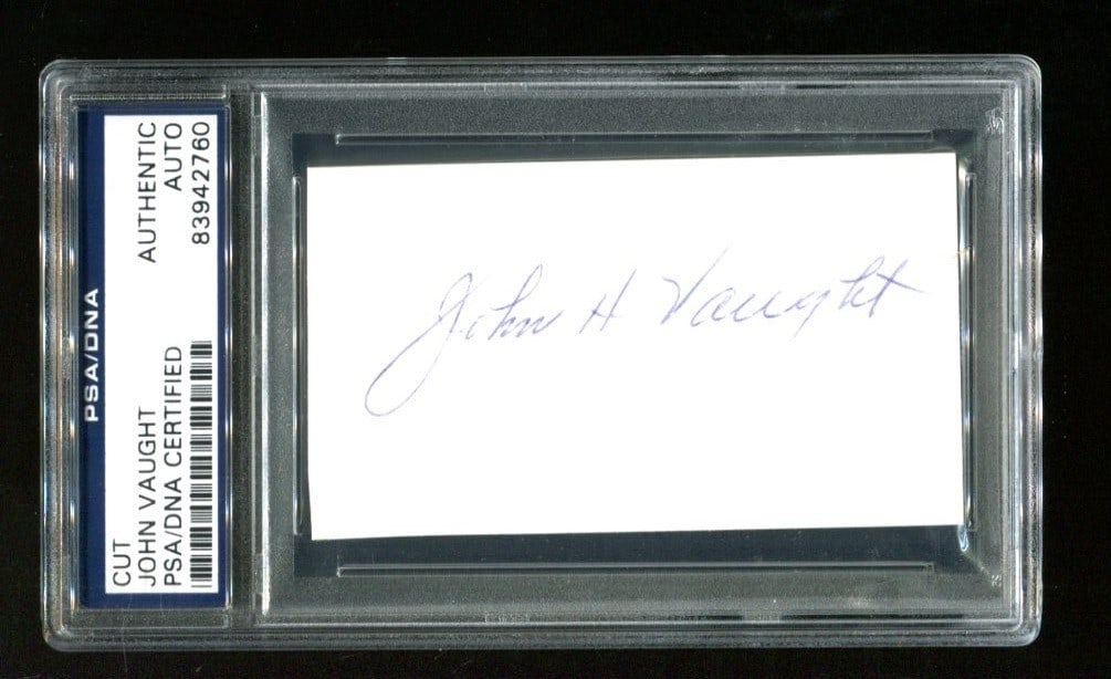 John Vaught Autographed Cut Signature PSA/DNA Ole Miss Football Coach: John Vaught Autographed Cut Signature PSA/DNA Ole Miss Football Coach This is a 2x3.5 inch cut signature of John Vaught, a notable figure in Ole Miss football history, who coached from 1947 to 1970. T