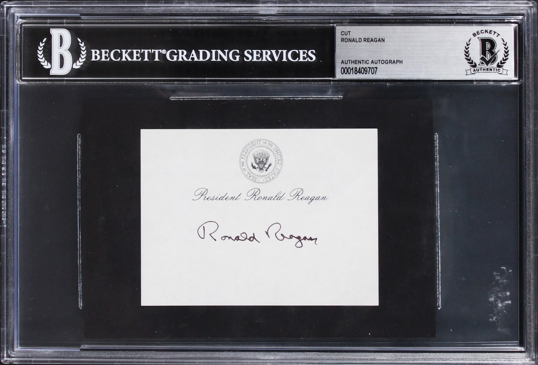 Ronald Reagan Signed 3x4 Cut Signature Beckett Authenticated Slabbed: Ronald Reagan Signed 3x4 Cut Signature Beckett Authenticated Slabbed This authentic 3x4 cut signature has been personally signed by Ronald Reagan, the 40th President of the United States. Slabbed and