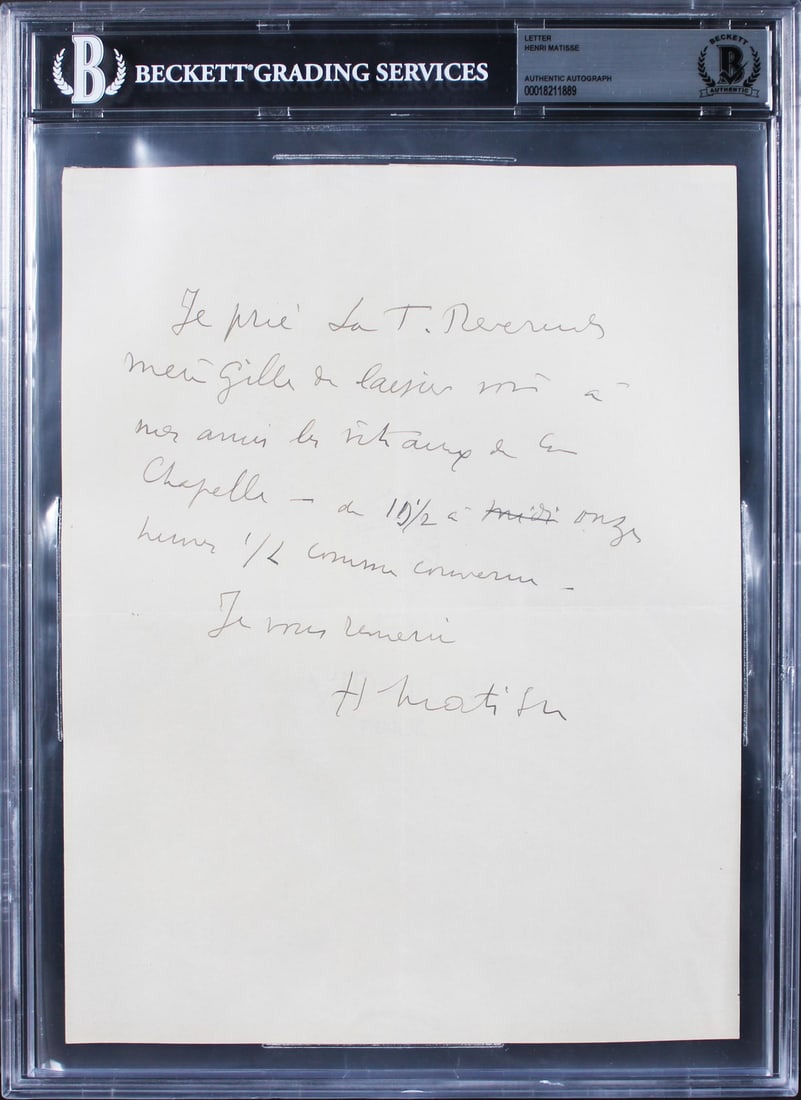 Henri Matisse Signed Handwritten Letter 8.5x10.5 Beckett Authenticated: Henri Matisse Signed Handwritten Letter 8.5x10.5 Beckett Authenticated This authentic handwritten letter, measuring 8.5x10.5 inches, is personally signed by renowned artist Henri Matisse. The letter i