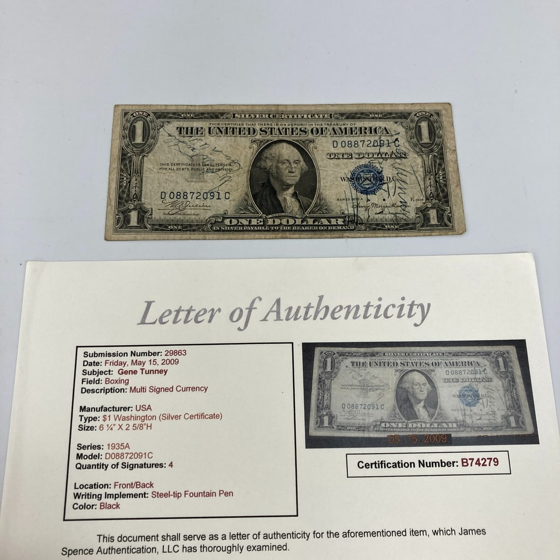 Gene Tunney Signed 1935 $1 Bill JSA Authenticated Boxing Collectible: Gene Tunney Signed 1935 $1 Bill JSA Authenticated Boxing Collectible This is a signed 1935 $1 One Dollar Bill by boxing legend Gene Tunney, accompanied by a James Spence Authentication (JSA) Certifica