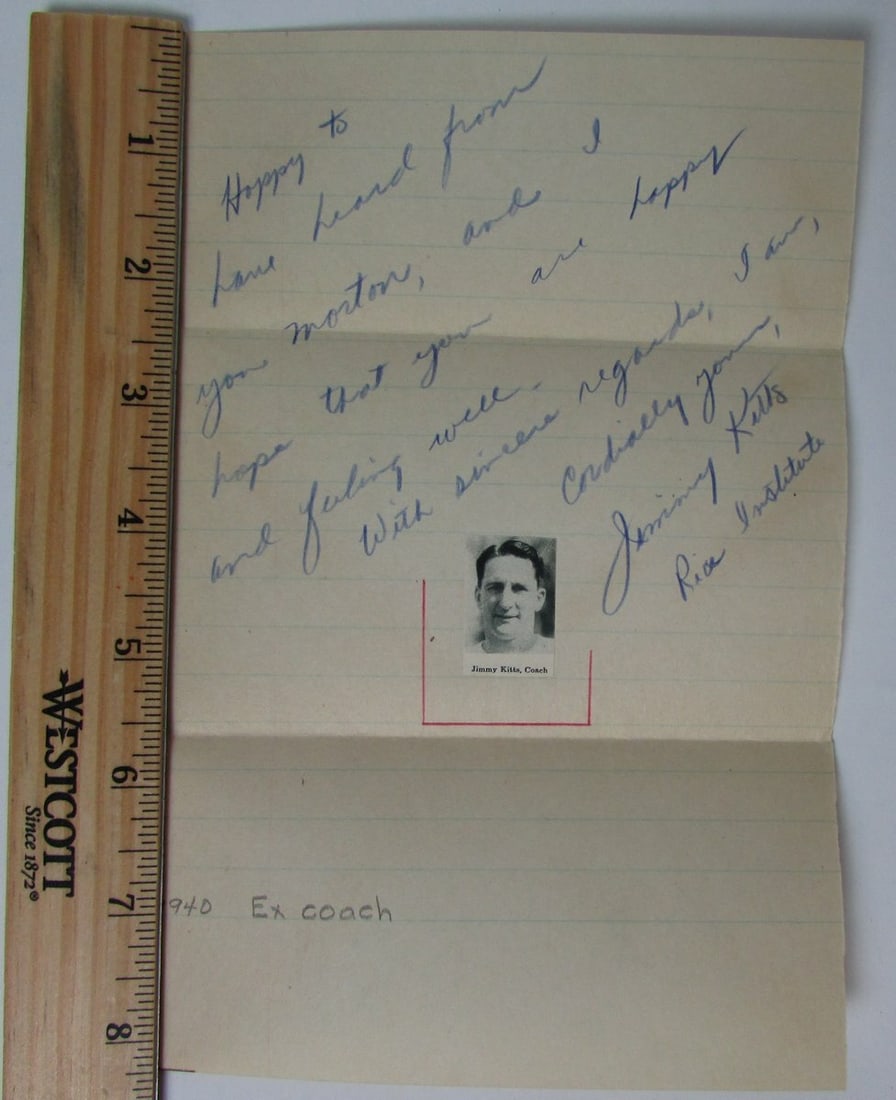 Jimmy Kitts Signed Note Rice Owls Coach PSA/DNA 145037: Jimmy Kitts Signed Note Rice Owls Coach PSA/DNA 145037 This is an original signed note from Jimmy Kitts, the head coach of the SMU/Rice Owls football team, who passed away in 1952. The note comes with