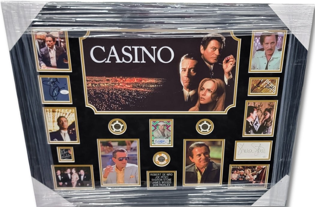 Casino Cast Autographed Cuts Card De Niro Pesci Stone Woods Framed JSA: Casino Cast Autographed Cuts Card De Niro Pesci Stone Woods Framed JSA This Casino Cast Autographed Cuts Card features the signatures of renowned actors Robert De Niro, Joe Pesci, Sharon Stone, James
