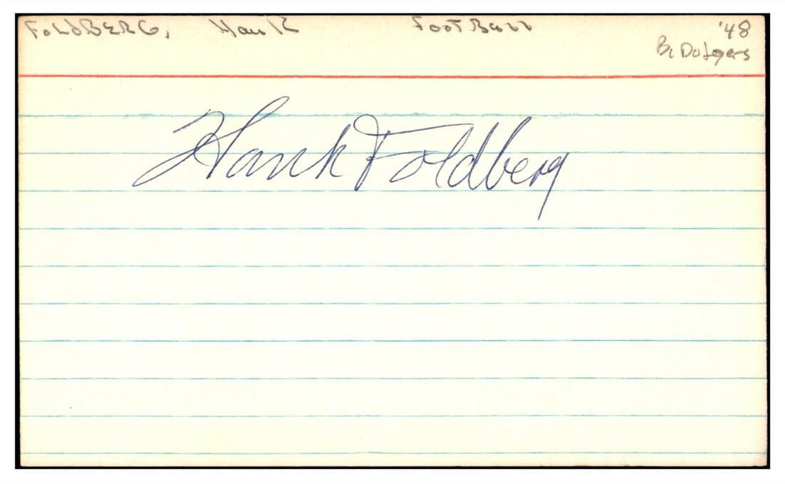Hank Foldberg Autographed 3x5 Index Card Brooklyn Dodgers: Hank Foldberg Autographed 3x5 Index Card Brooklyn Dodgers This is an original signed index card featuring Hank Foldberg, the former head coach of the Texas A&M football team and a player for the Brook