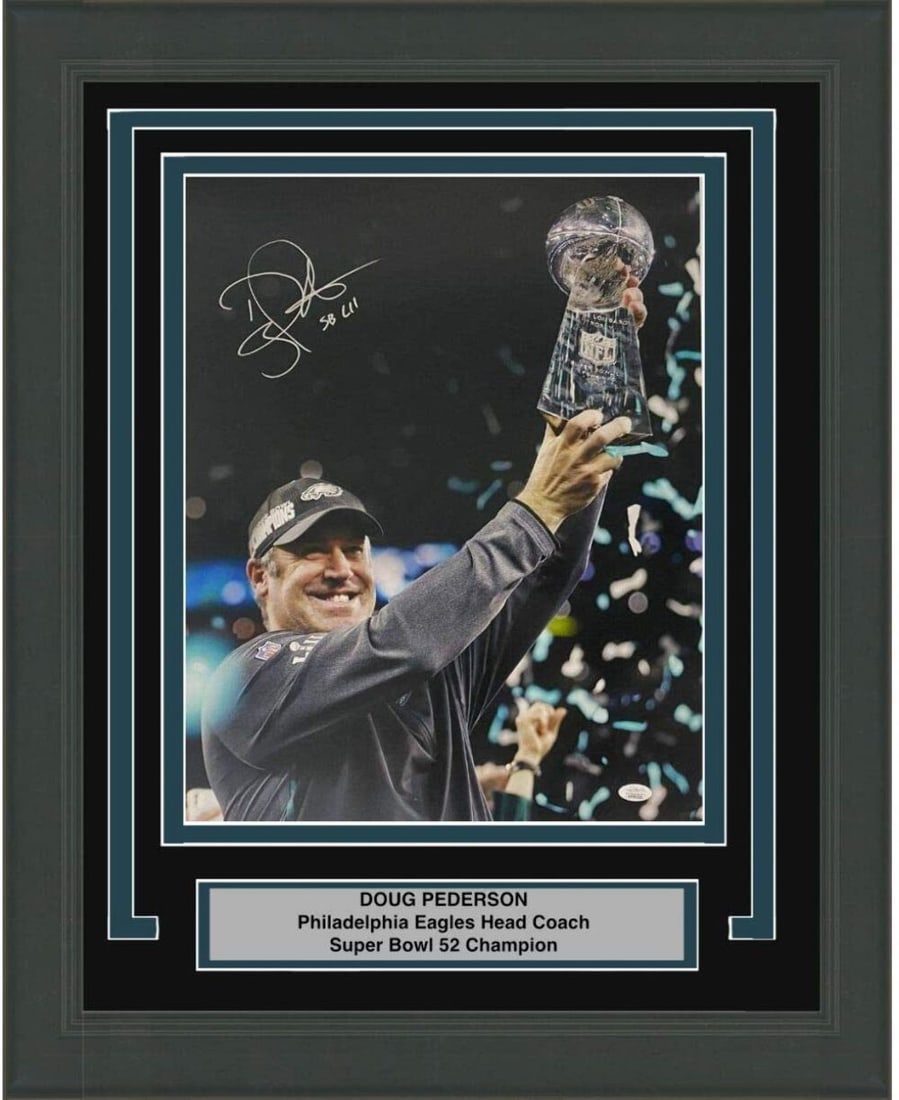 Framed Doug Pederson Autographed 16x20 Photo SB LII JSA COA: Framed Doug Pederson Autographed 16x20 Photo SB LII JSA COA This stunning 16x20 photo features Doug Pederson, the esteemed coach of the Philadelphia Eagles, expertly framed and autographed. The signat