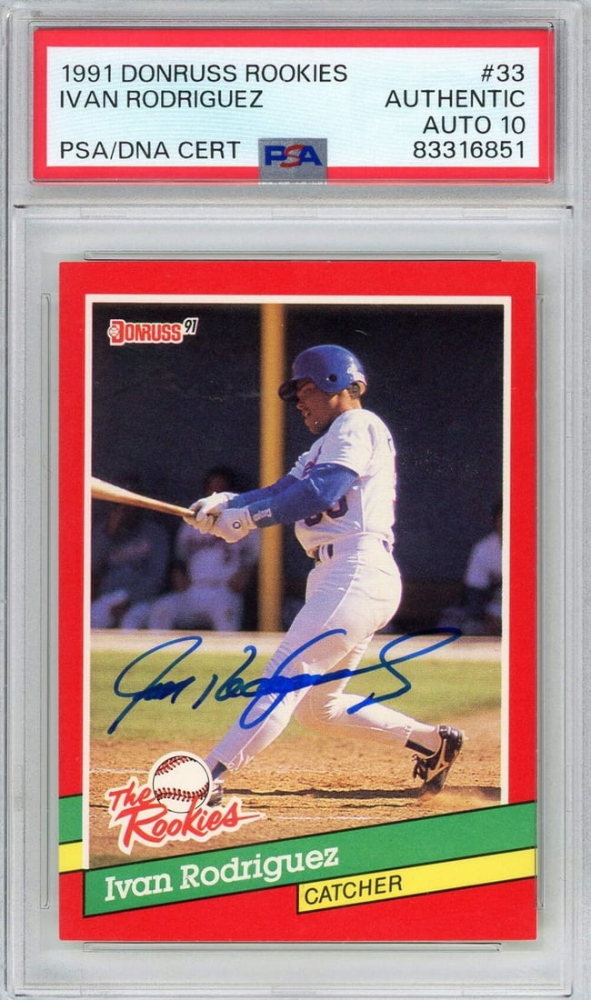 1991 Donruss Ivan Pudge Rodriguez Rookie Card PSA 10 Autographed: 1991 Donruss Ivan Pudge Rodriguez Rookie Card PSA 10 Autographed This is a graded 1991 Donruss Ivan "Pudge" Rodriguez #33 rookie card, featuring the legendary MLB catcher. The card has received a perf