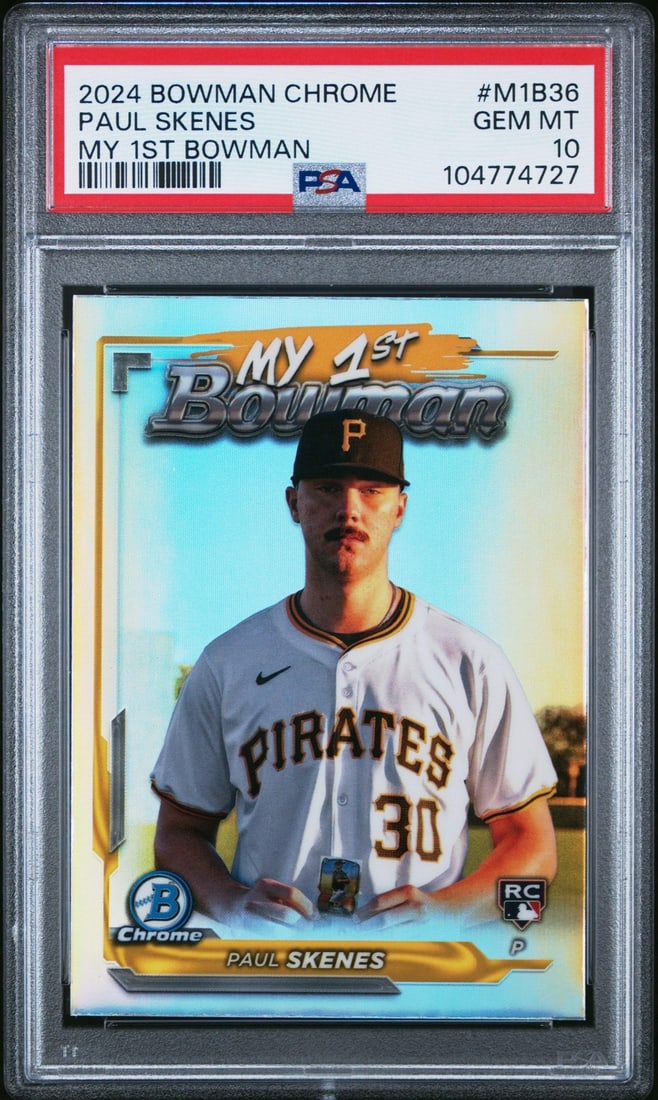 PSA 10 Graded 2024 Bowman Chrome Paul Skenes 1st RC Baseball Card: PSA 10 Graded 2024 Bowman Chrome Paul Skenes 1st RC Baseball Card This is a graded 2024 Bowman Chrome Paul Skenes #M1B36 1st Bowman rookie card, featuring the promising athlete from the MLB's Pittsbur