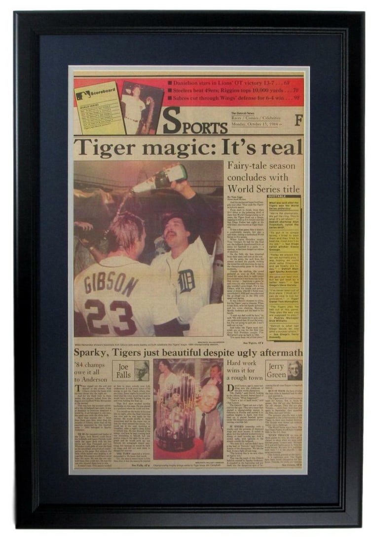 Detroit Tigers 1984 World Series Champions Framed Newspaper 20x29: Detroit Tigers 1984 World Series Champions Framed Newspaper 20x29 Celebrate the Detroit Tigers' historic victory with this original framed newspaper commemorating their 1984 World Series Championship.