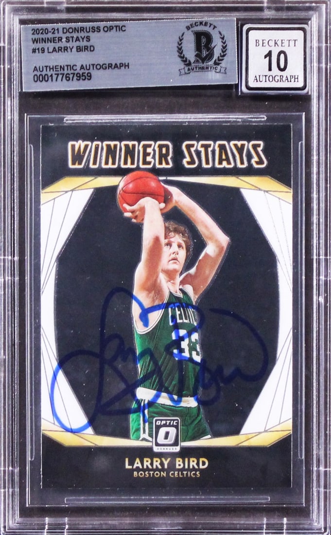 Larry Bird Autographed 2020 Donruss Optic Winner Stays #19 Gem Mint 10 Beckett: Larry Bird Autographed 2020 Donruss Optic Winner Stays #19 Gem Mint 10 Beckett This 2020 Donruss Optic Winner Stays #19 card is a remarkable piece for basketball enthusiasts, featuring a Gem Mint 10 g