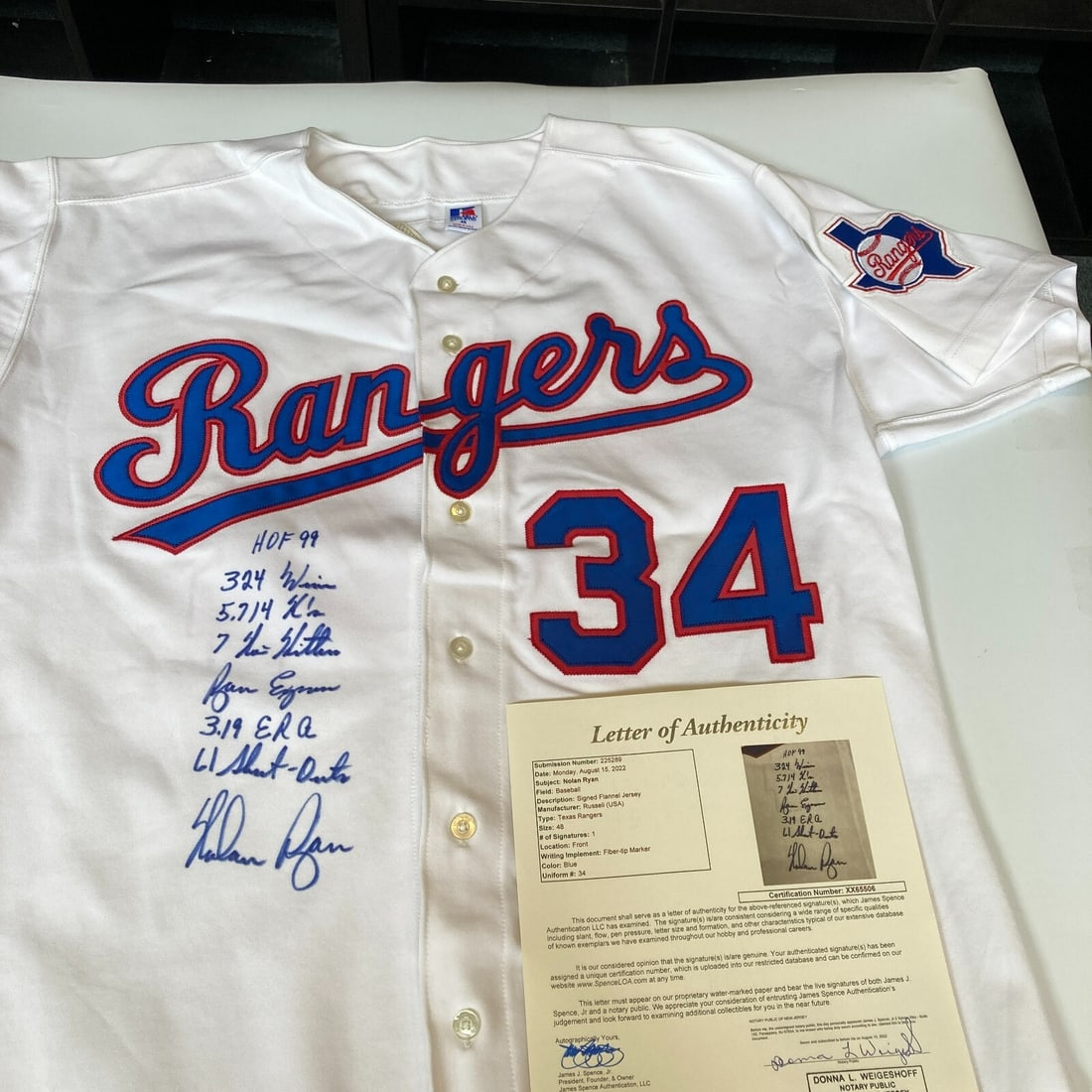 Nolan Ryan Signed Texas Rangers Game Model Jersey with JSA COA: Nolan Ryan Signed Texas Rangers Game Model Jersey with JSA COA Own a piece of baseball history with this Nolan Ryan Signed Heavily Inscribed Texas Rangers Game Model STAT Jersey. This original jersey