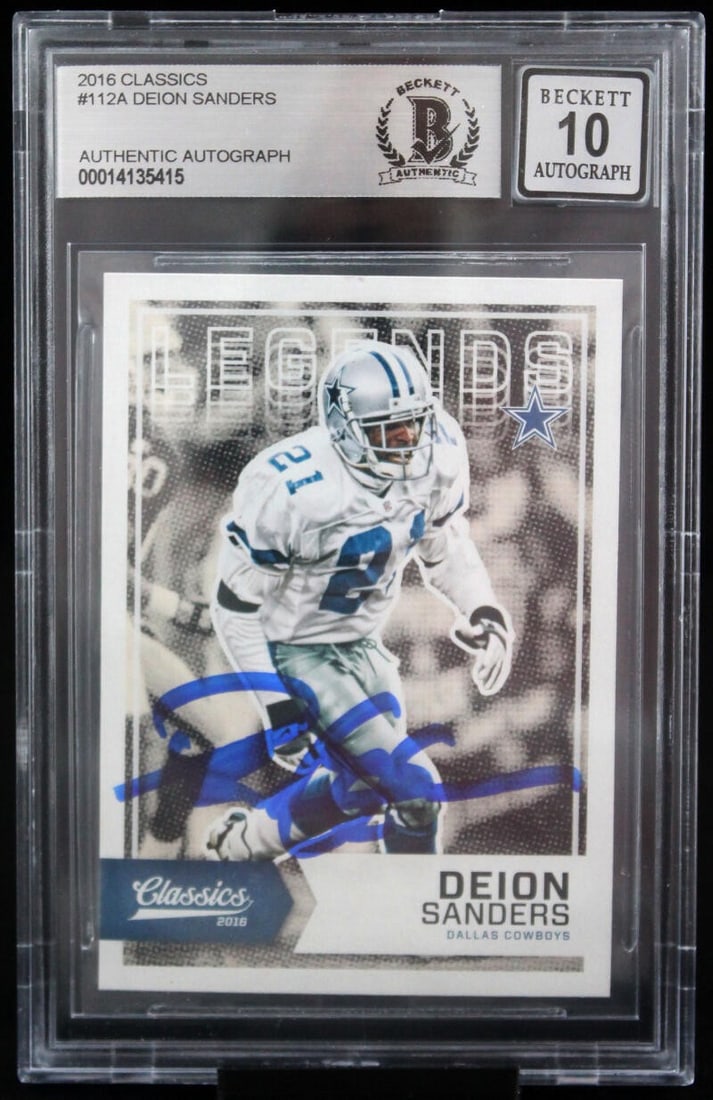 2016 Classics #112A Deion Sanders Autographed Dallas Cowboys Card BGS 10: 2016 Classics #112A Deion Sanders Autographed Dallas Cowboys Card BGS 10 This is a 2016 Classics #112A sports trading card featuring the legendary Deion Sanders of the Dallas Cowboys. The card showcas