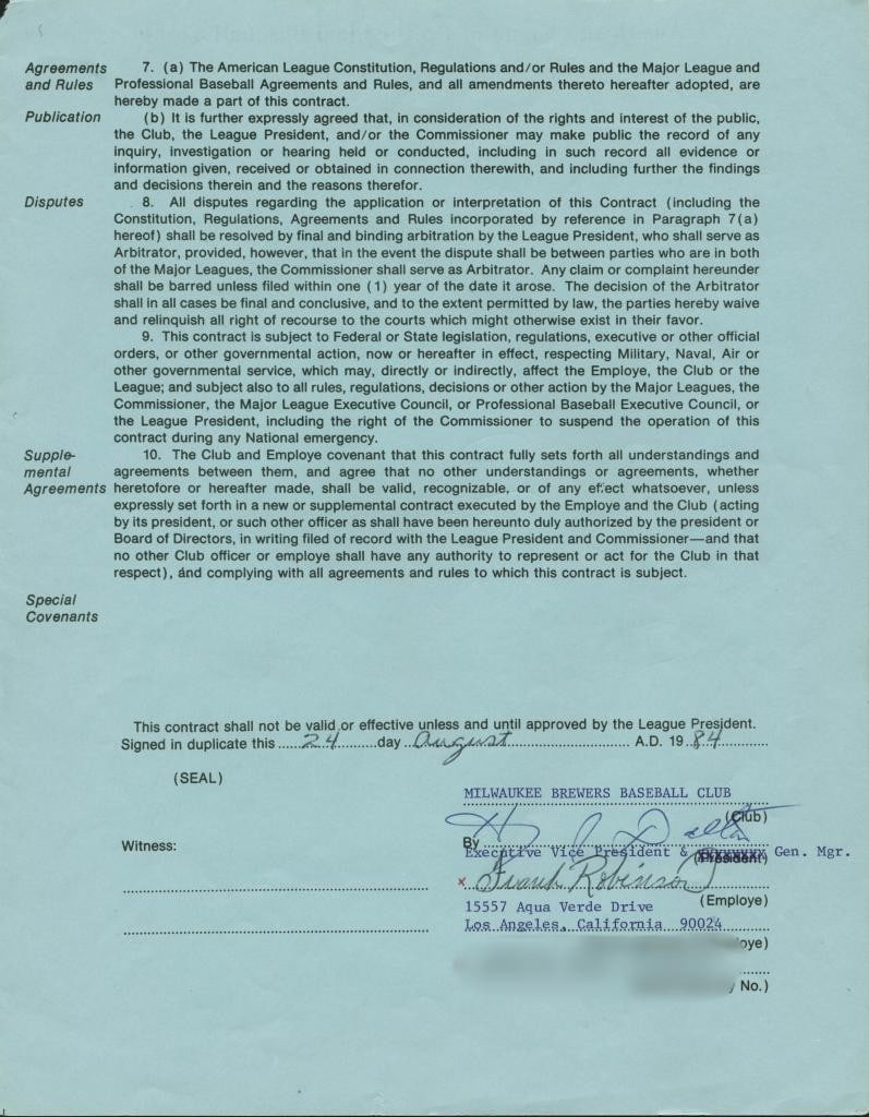 Frank Robinson Signed 1984 Brewers Coaching Contract PSA/DNA Authentic: Frank Robinson Signed 1984 Brewers Coaching Contract PSA/DNA Authentic This authentic signed 1984 Brewers coaching contract by Frank Robinson is a remarkable collectible for any baseball fan. The cont