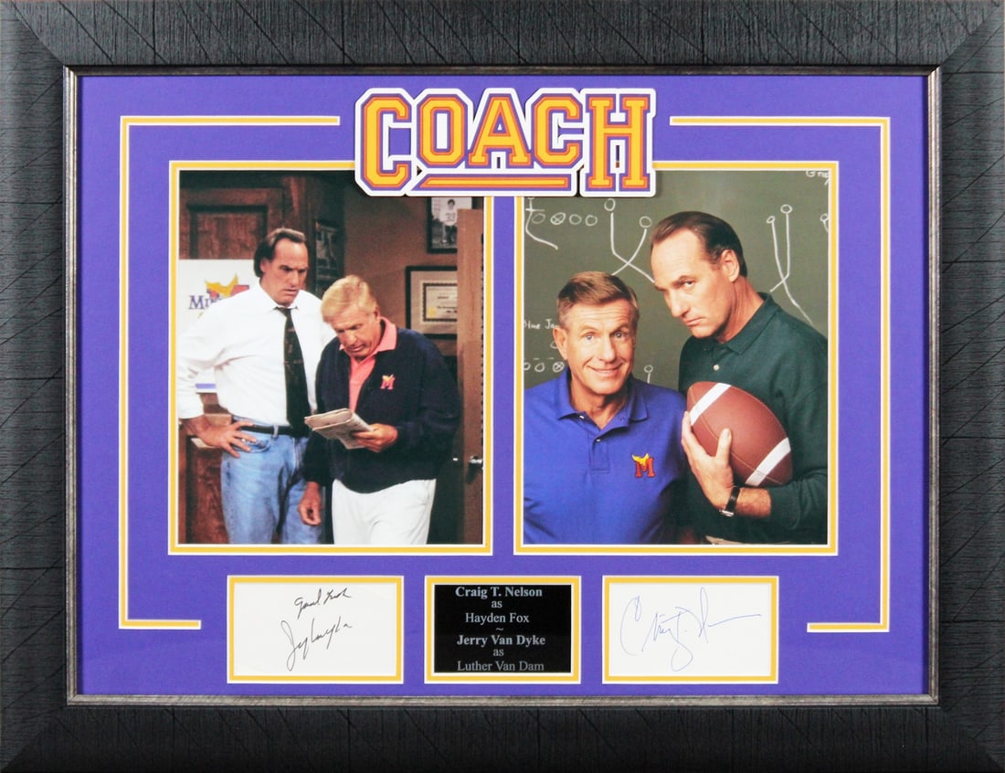 Coach Signed Framed Display by Craig T Nelson & Jerry Van Dyke BAS COA: Coach Signed Framed Display by Craig T Nelson & Jerry Van Dyke BAS COA This remarkable framed display features the autographs of Craig T. Nelson and Jerry Van Dyke, renowned personalities from the ico