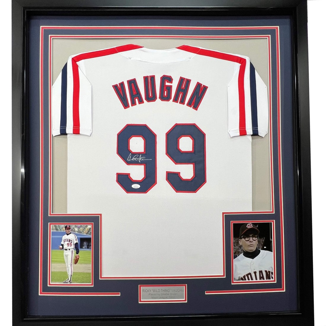 Framed Autographed Charlie Sheen Ricky Vaughn Jersey JSA COA 33x42: Framed Autographed Charlie Sheen Ricky Vaughn Jersey JSA COA 33x42 This authentic autographed jersey features Charlie Sheen, famed for his role as Ricky Vaughn in the classic baseball film. The jersey