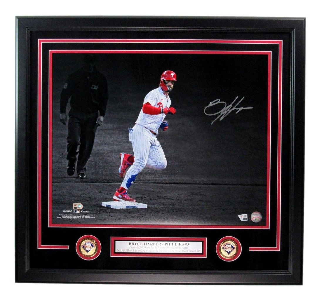 Bryce Harper Signed 16x20 Phillies Photo Framed Fanatics Authentic: Bryce Harper Signed 16x20 Phillies Photo Framed Fanatics Authentic Celebrate the legacy of baseball superstar Bryce Harper with this stunning signed 16x20 photo of him in action with the Philadelphia