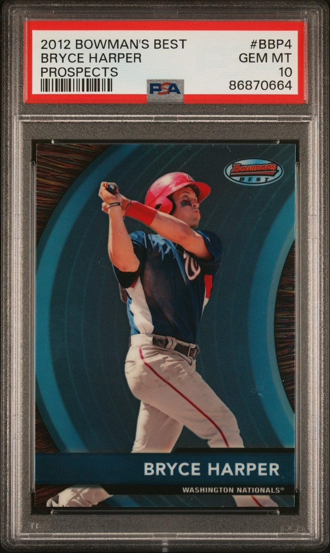 2012 Bowman's Best Bryce Harper RC #BBP4 PSA 10 MLB Card: 2012 Bowman's Best Bryce Harper RC #BBP4 PSA 10 MLB Card This graded 2012 Bowman's Best Bryce Harper #BBP4 Prospects rookie baseball card is an exceptional collectible for any fan or investor. The car