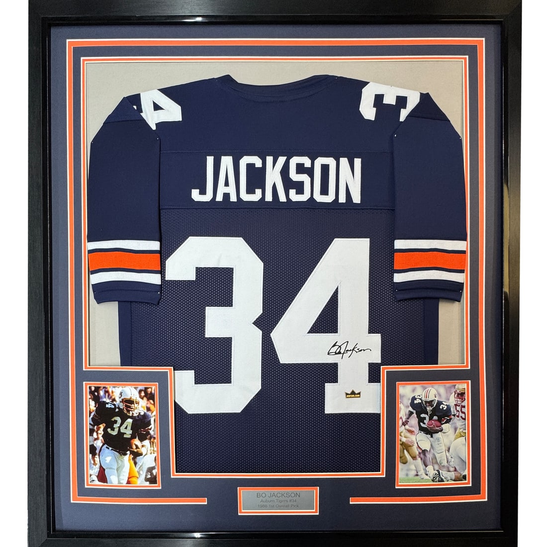 Framed Bo Jackson Auburn Tigers Jersey with JSA Authentication 33x42: Framed Bo Jackson Auburn Tigers Jersey with JSA Authentication 33x42 This framed facsimile jersey features the iconic Bo Jackson of the Auburn Tigers, a standout player in NCAA football. The jersey is