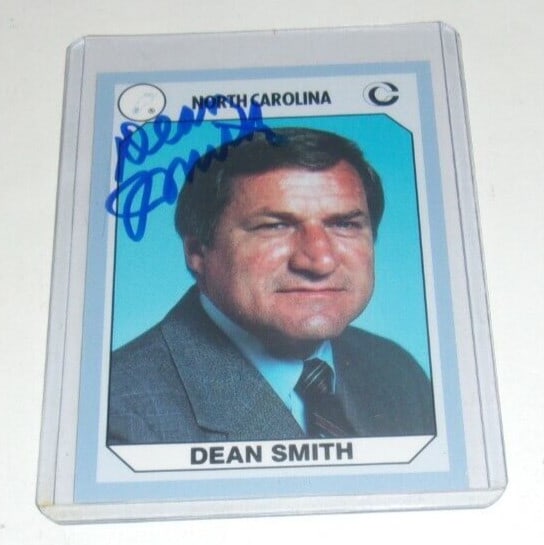 Dean Smith North Carolina Tar Heels Signed Trading Card JSA Authenticated: Dean Smith North Carolina Tar Heels Signed Trading Card JSA Authenticated This is a trading card featuring Dean Smith, the legendary coach of the North Carolina Tar Heels basketball team. The card is