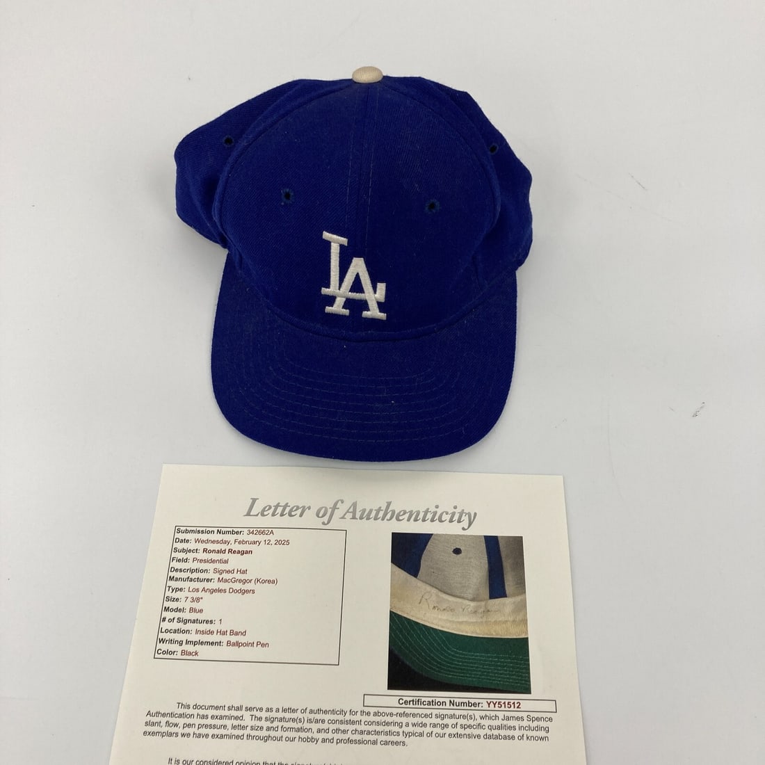 Ronald Reagan Signed 1980s Dodgers Hat with JSA COA: Ronald Reagan Signed 1980s Dodgers Hat with JSA COA This authentic 1980's Los Angeles Dodgers baseball hat is signed by President Ronald Reagan, who autographed it during a trip to Canada while he was