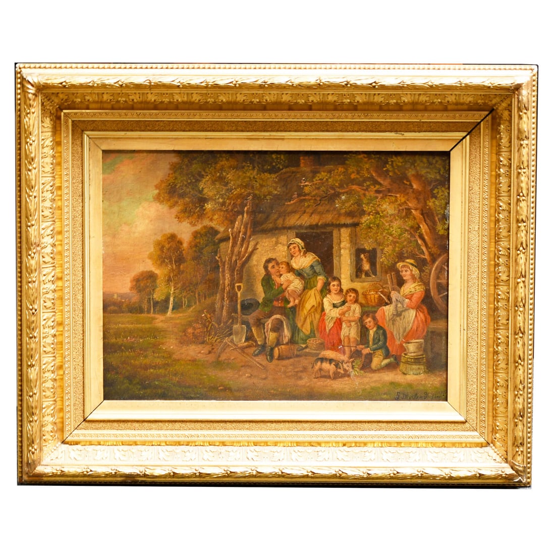 Framed Oil Painting Farmhouse with Family after George Morland 1700s: Framed Oil Painting Farmhouse with Family after George Morland 1700s This captivating oil painting titled "Farmhouse with Family" is a work inspired by George Morland, showcasing a warm family scene i