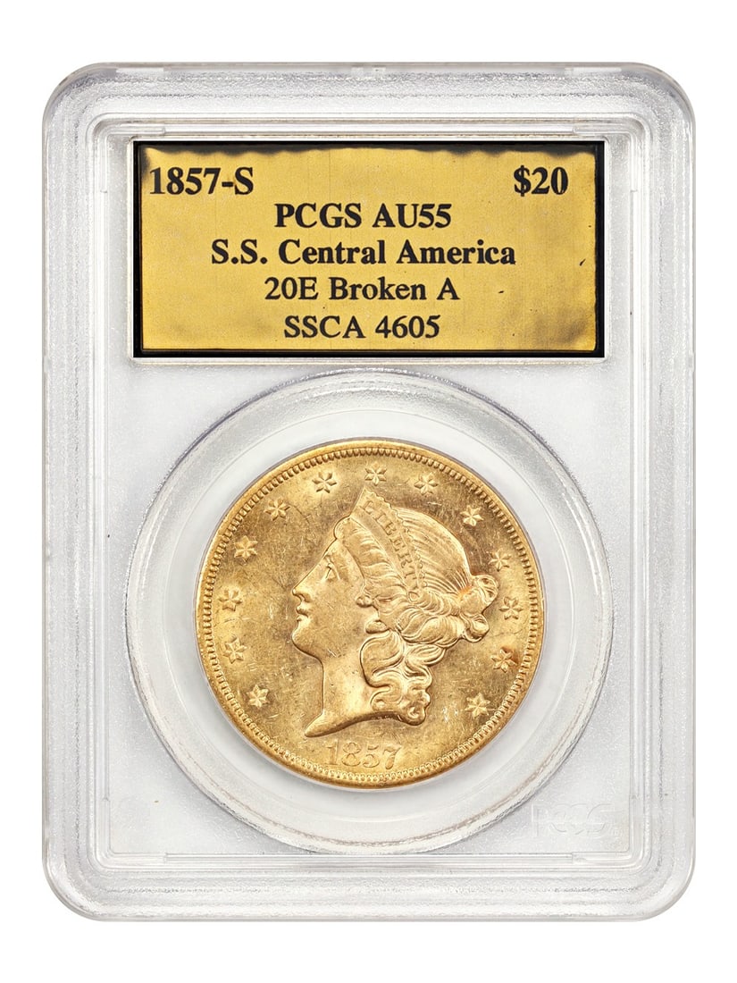1857-S Liberty Head $20 Gold Coin PCGS AU55 with Box & COA: 1857-S Liberty Head $20 Gold Coin PCGS AU55 with Box & COA This 1857-S $20 Liberty Head Gold Coin is certified by PCGS with a grade of AU55. Struck at the San Francisco mint, this coin features satiny