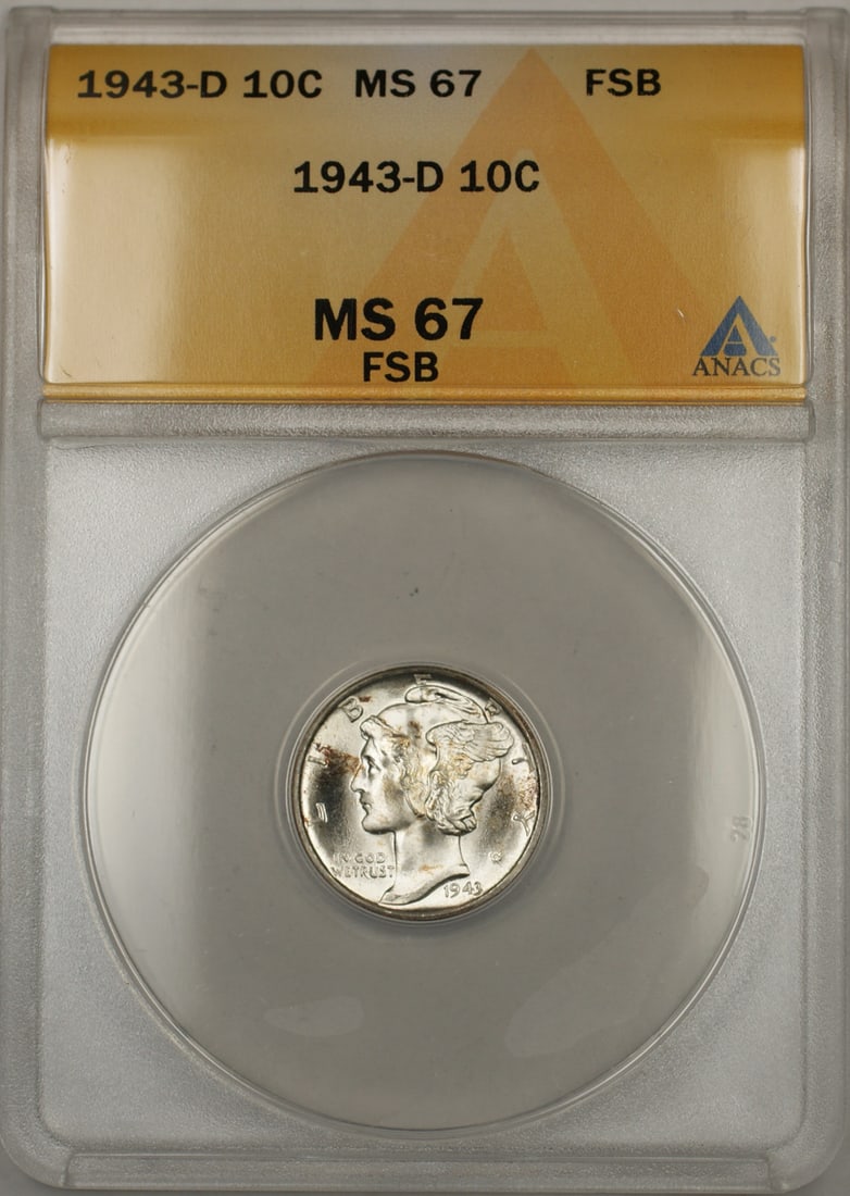 1943-D Silver Mercury Dime ANACS MS 67 Full Split Bands: 1943-D Silver Mercury Dime ANACS MS 67 Full Split Bands This exquisite 1943-D Silver Mercury Dime showcases exceptional quality and detail. Graded MS-67 by ANACS, this uncirculated coin features full 