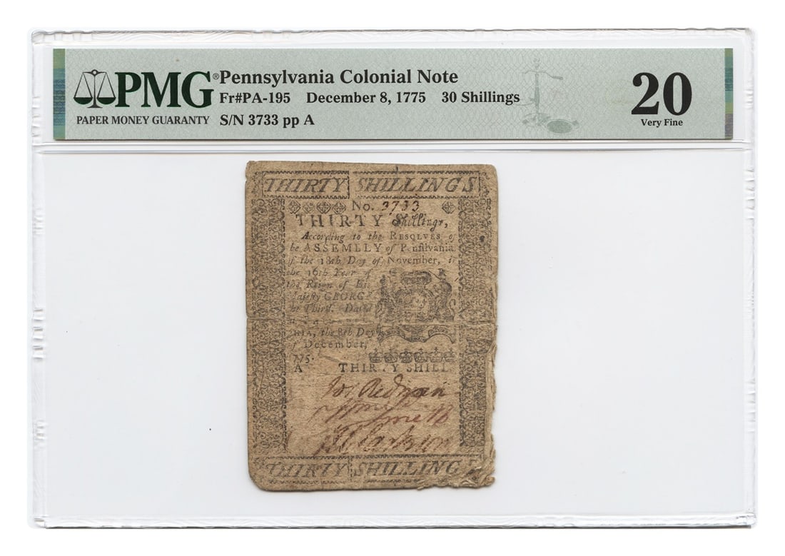 1775 Pennsylvania 30 Shillings Colonial Note PMG VF20 Certified (1 of 2)