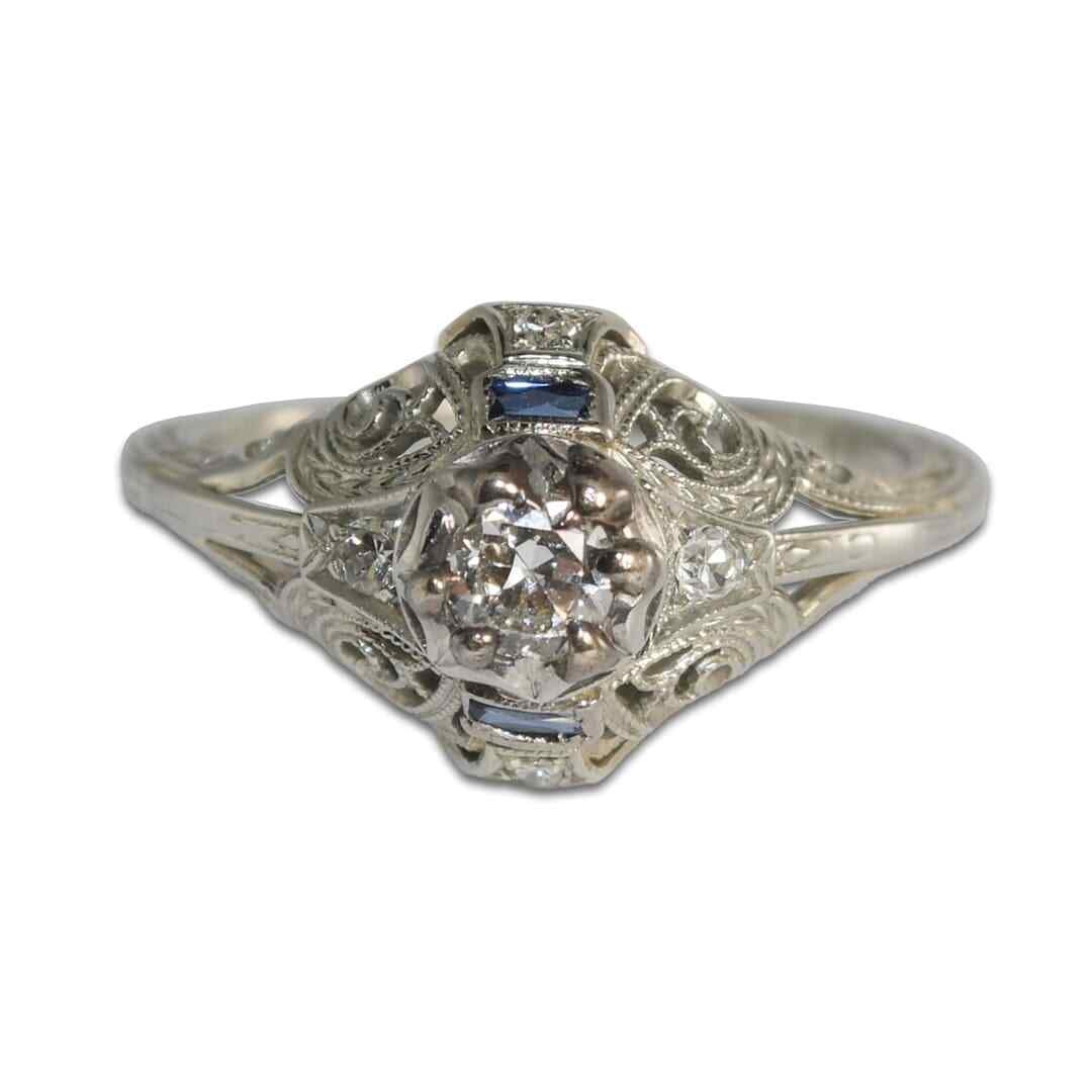 Antique 18K White Gold Diamond Sapphire Cluster Ring (1 of 6)