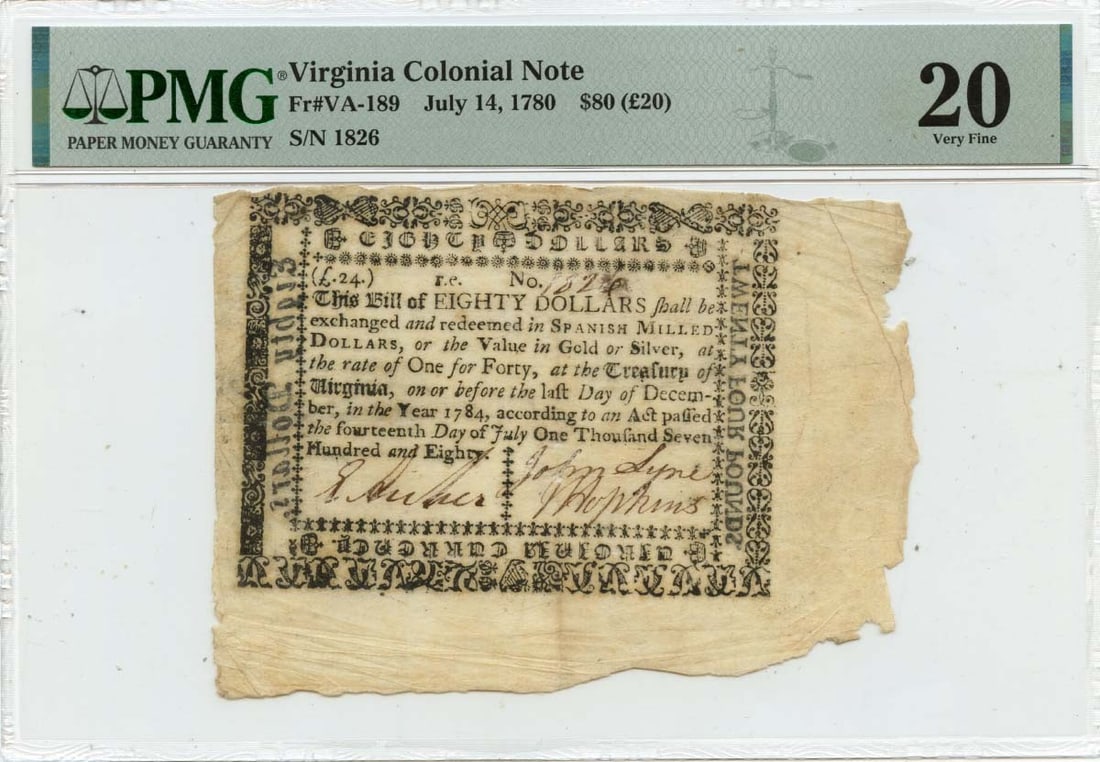 1780 Virginia Colonial $80 Note FR#VA-189 PMG VF20 Certified (1 of 2)