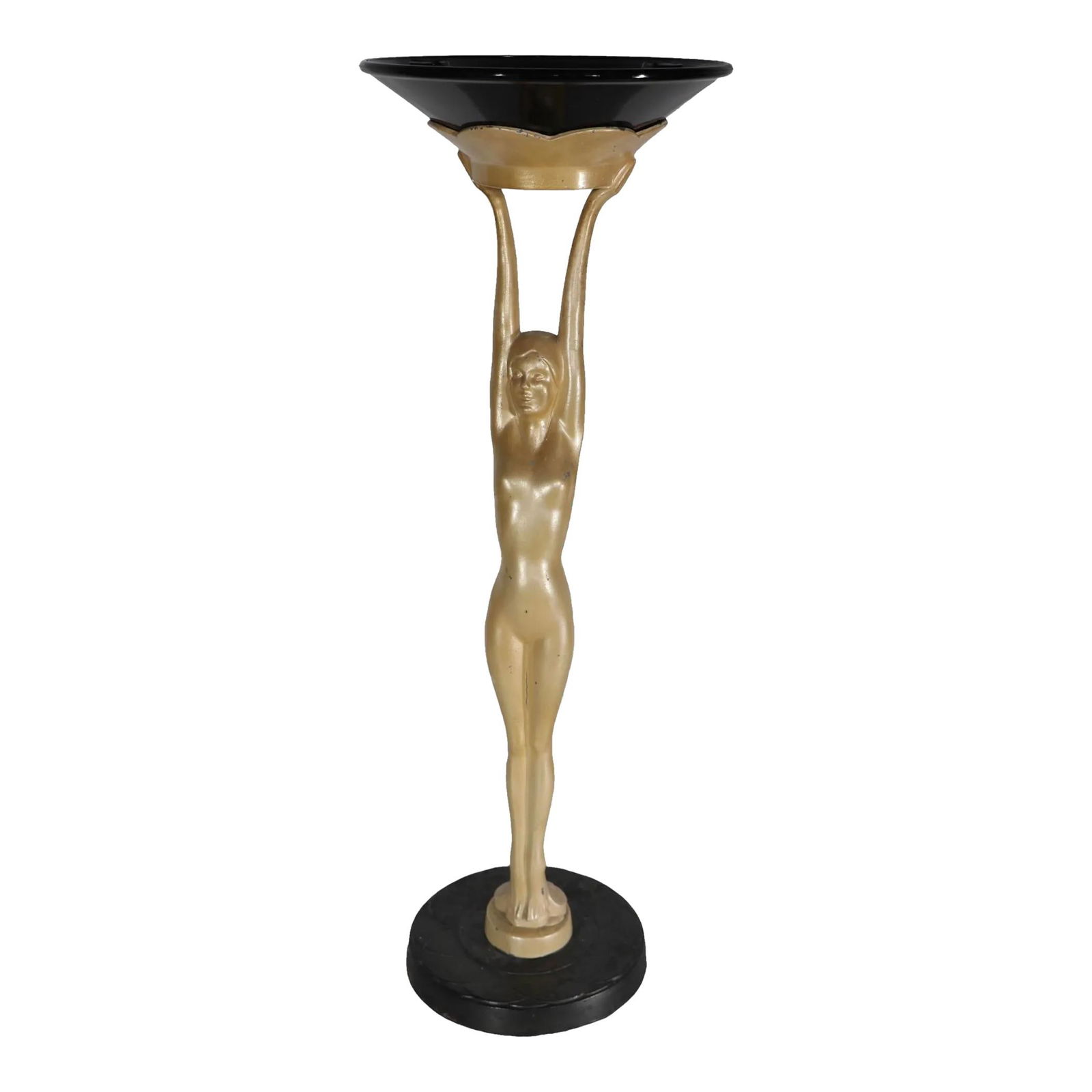 Frankart Art Deco Floor Model Ashtray 1930s Nude Woman Design: Frankart Art Deco Floor Model Ashtray 1930s Nude Woman Design This exquisite Art Deco freestanding floor model ashtray, crafted by Frankart in the 1930s, features a striking nude woman with her arms e